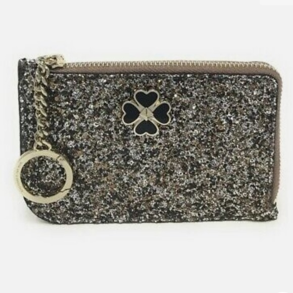 NEW! KATE SPADE Odette Wallet Gold Glitter Black Patent Leather L-Zip Keychain - Picture 1 of 13
